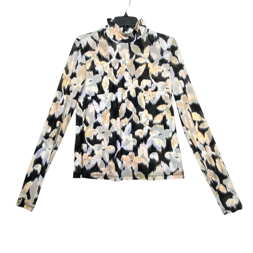 Cabi Mesh Turtleneck #4422 Womens S Ivory Floral Long Sleeve Tropical Thumbhole